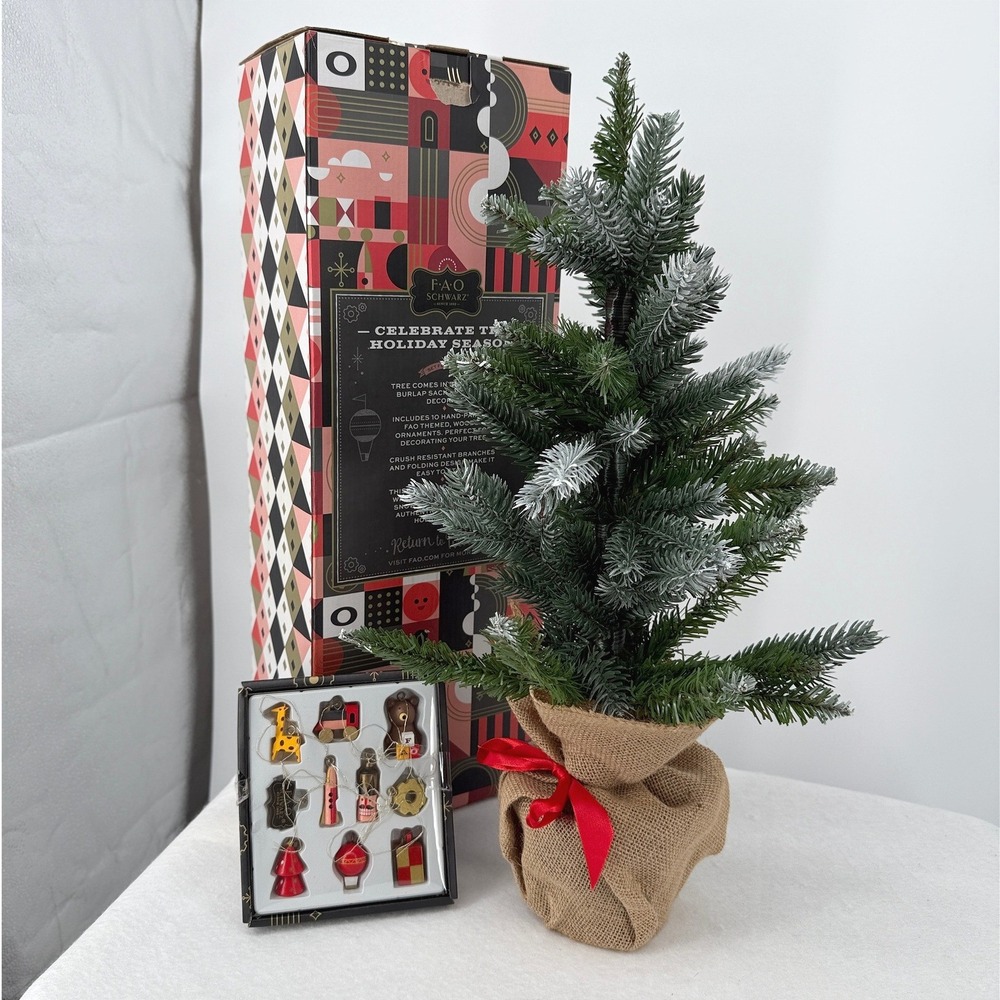 FAO Schwarz Miniature Holiday Ornament and Tree Set 22.5 Inch Faux Blue Spruce